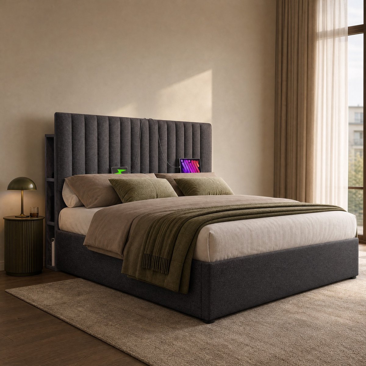 WUVRIE Gestoffeerd bed 160x200 cm met LED, USB-C, opbergruimte en verstelbaar hoofdbord, grijs