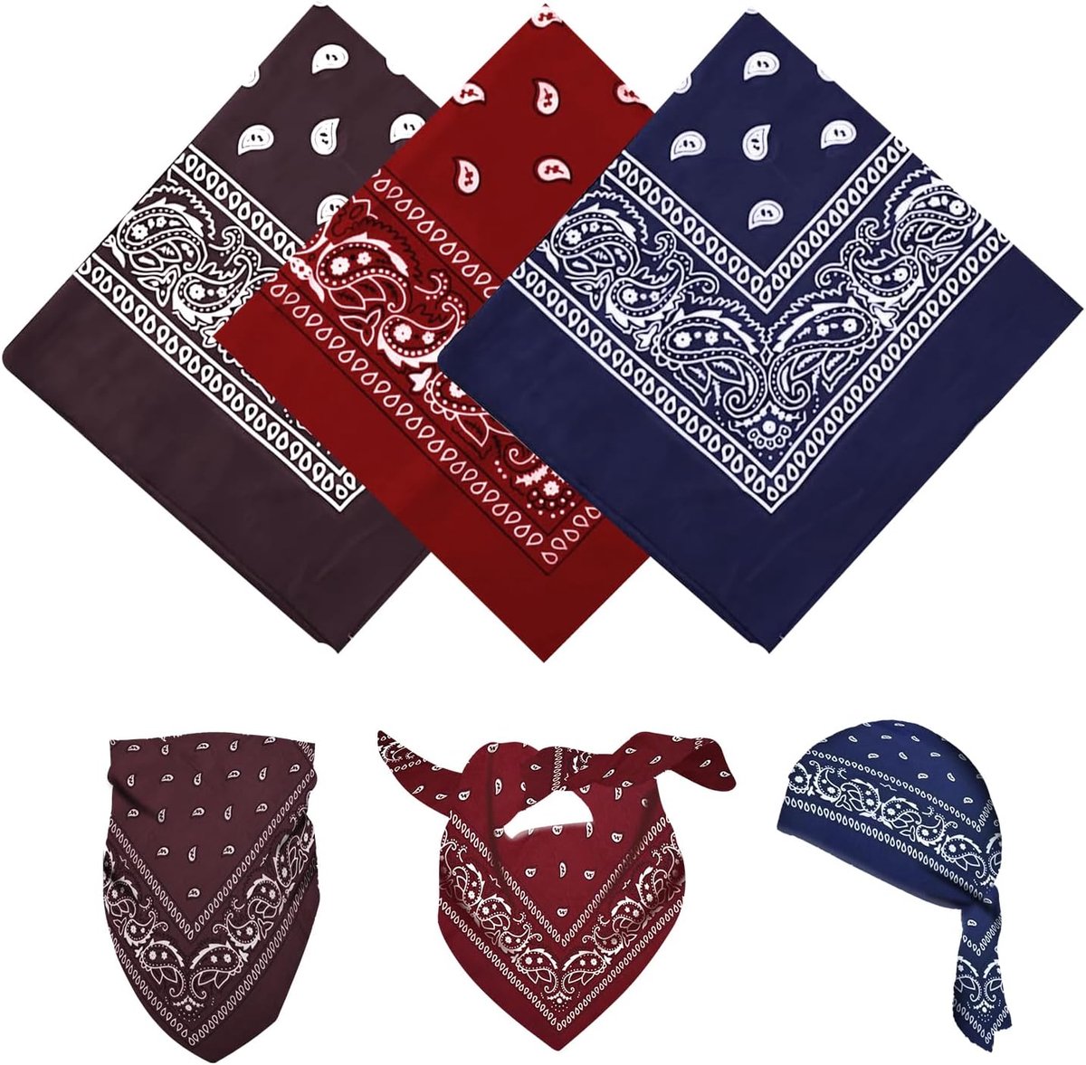 3-delige bandana, multifunctionele haarsjaal met paisleyprint, unisex hoofddoeken, bandana's, hoofdbanden voor dames en heren, cowboyaccessoires