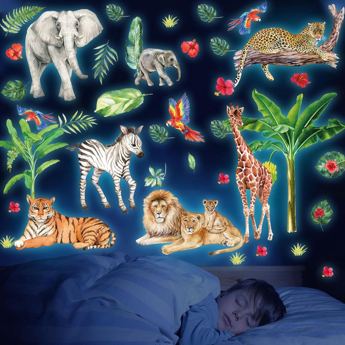 SnelShoppen - Luminous Safari Animals Wandstickers voor Kinderkamer - Jungle Dieren Muurstickers Set van 4 - Leuk Decor voor Jongens, Meisjes en Babys