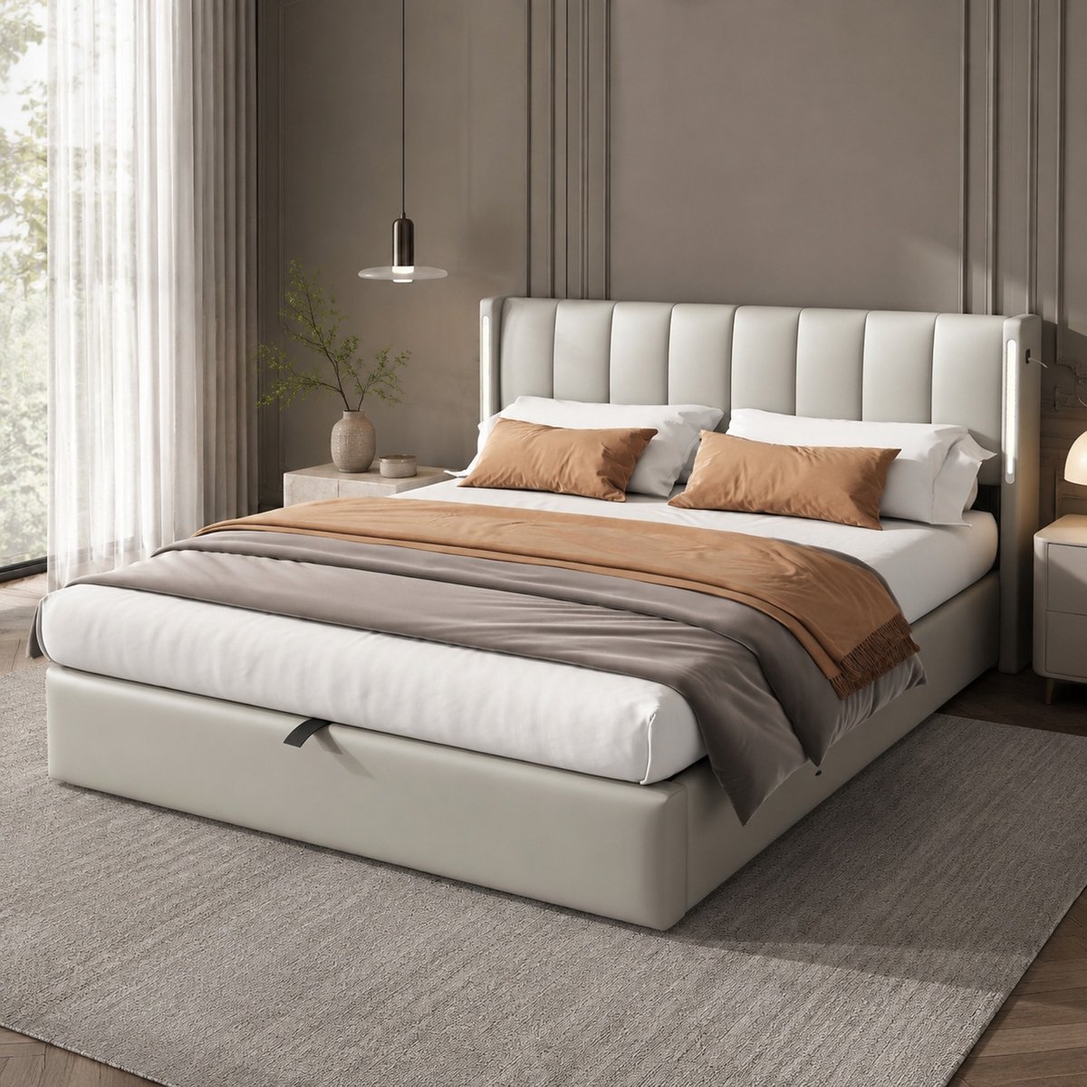WUVRIE Tweepersoonsbed 140x190 cm met LED, USB-aansluiting, verstelbaar hoofdeinde en opbergruimte, grijs