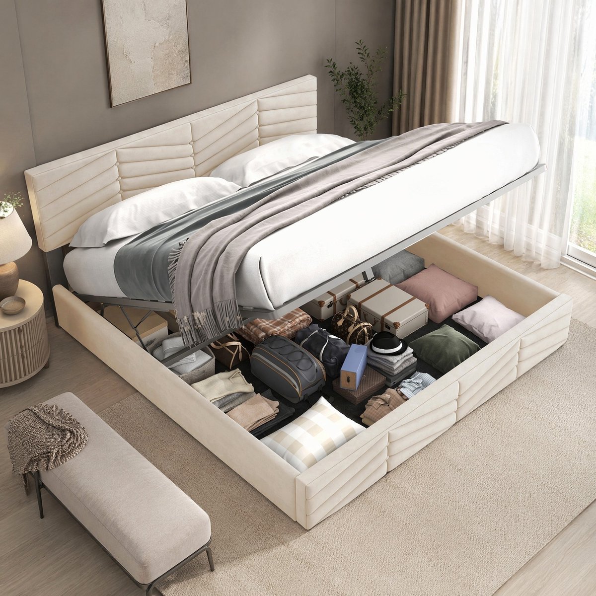 WUVRIE Tweepersoons opbergbed 140x190 cm met lattenbodem en verstelbaar hoofdbord, beige fluweel