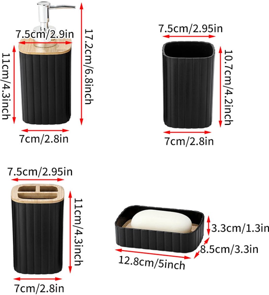 SnelShoppen - Badkameraccessoires Set van 4 - Zeeppompdispenser, Tandenborstelbeker, Zeepbakje, Tandenborstel en Tandpastahouder - Zwart - Modern en P