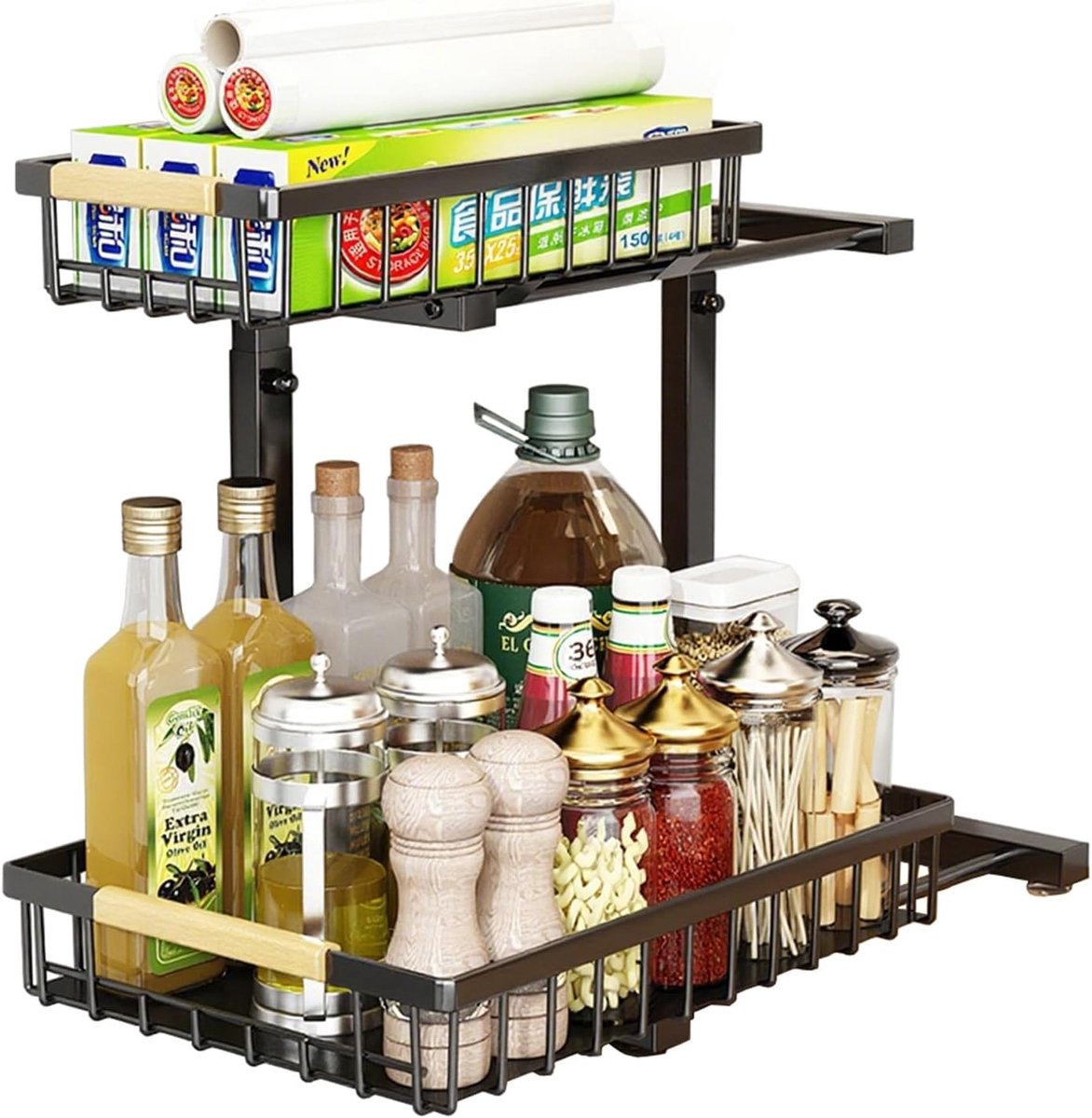 SnelShoppen - Under The Sink Storage Kitchen Organizer - 2 Wielen - Uittrekbare Organizer - Verstelbare Hoogte - Metalen Kast Organizer voor Badkamer,