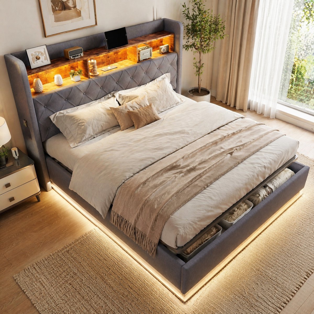WUVRIE Gestoffeerd LED-opbergbed 180x200 cm met USB-laadpoort en hydraulische opbergruimte, grijs