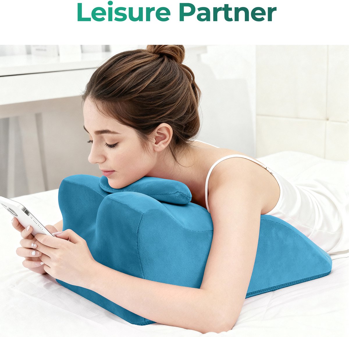 REDOM Leeskussen - 27° ergonomische ondersteuning - Memoryfoamvulling - Afneembare wasbare gebreide hoes - Bed sofa en vloer - Blauw - 60 x 34 x 20,8 cm