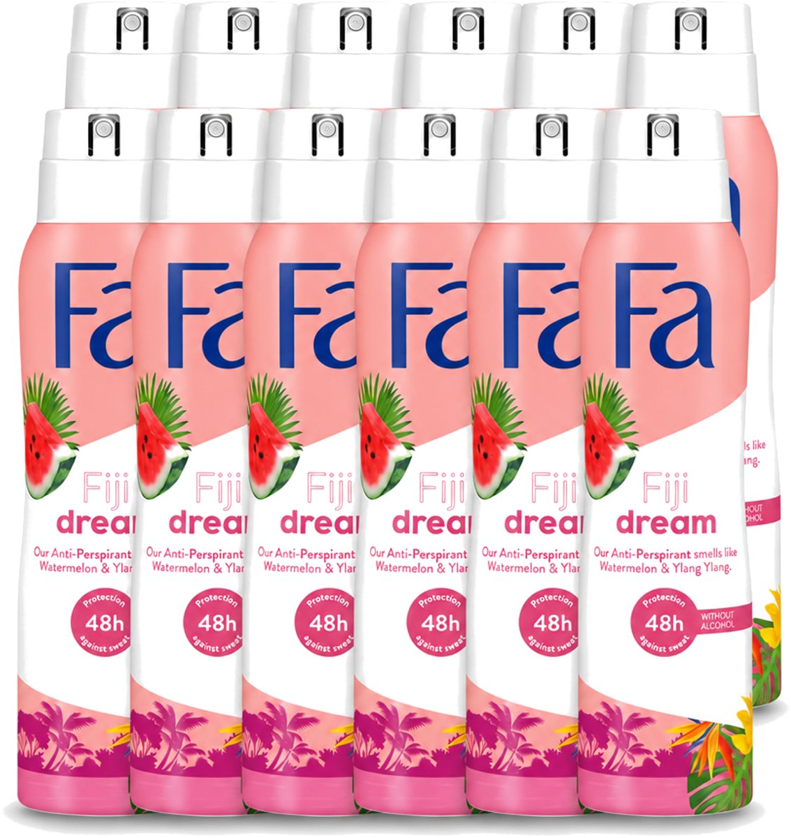 12 x Fa - Deodorant Spray - Fiji Dream - Watermeloen & Ylang Ylang - 48 uur Bescherming - Anti-transpirant - 150 ml - Voordeelverpakking - 12 stuks