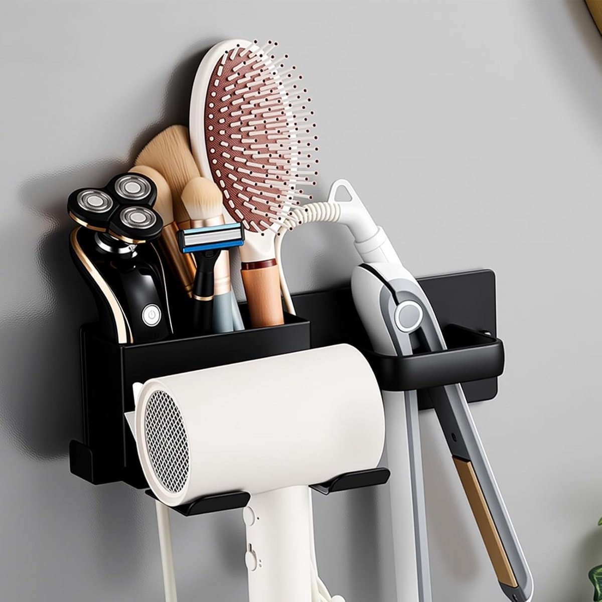 SnelShoppen - Hair Dryer Holder zonder Boren, Föhn en Steiltang Houder met Stopcontact Haak en Opbergbak, Badkamer, Kapsalon, Hotel, Roestvrij Staal,