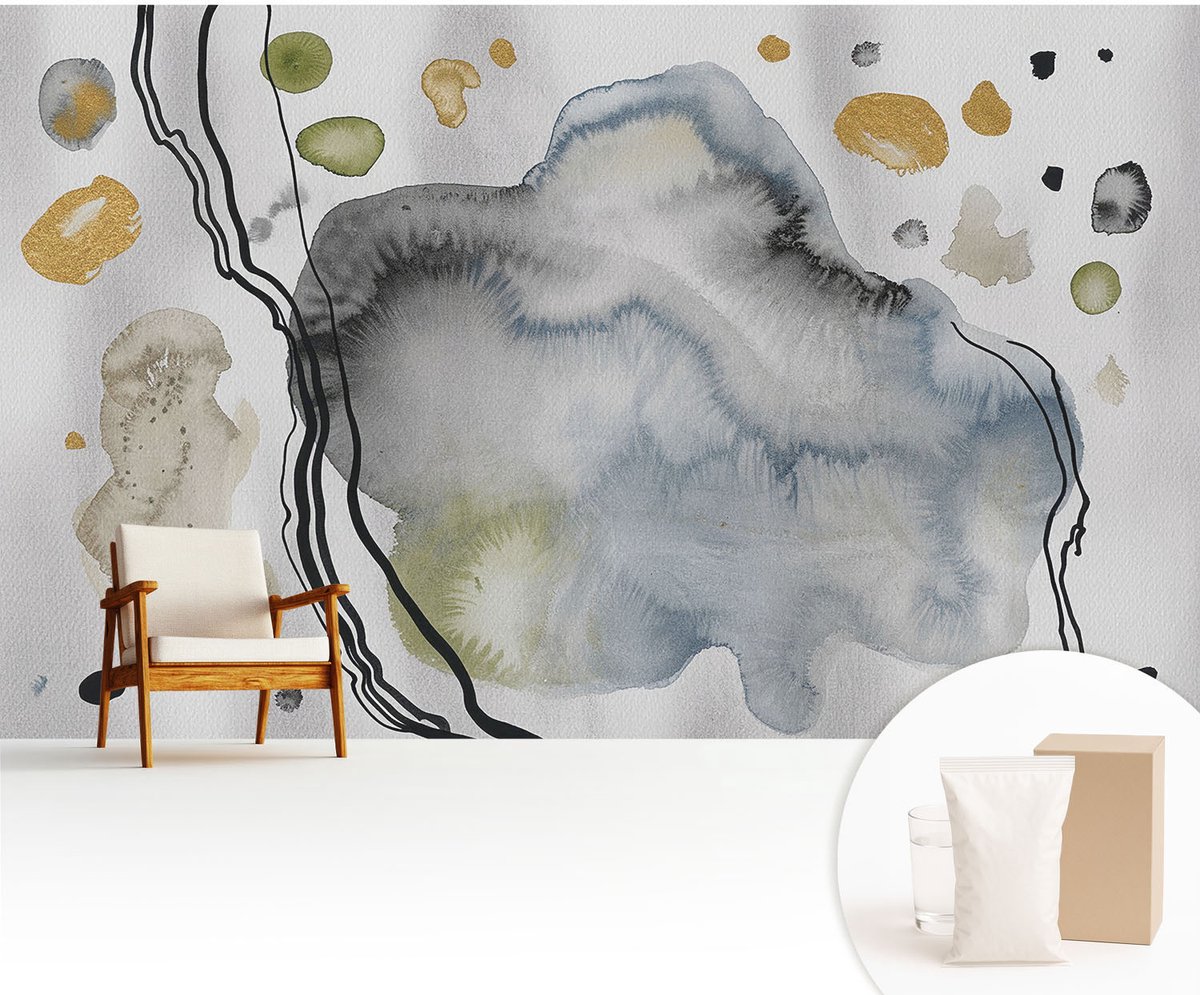 Wallfluent Fotobehang - Grijs Vliesbehang - 416x254 cm - Abstracte Aquarel Muurschildering - Slaapkamer behang Abstractie - Fotobehang Vlies - Slaapkamer behang