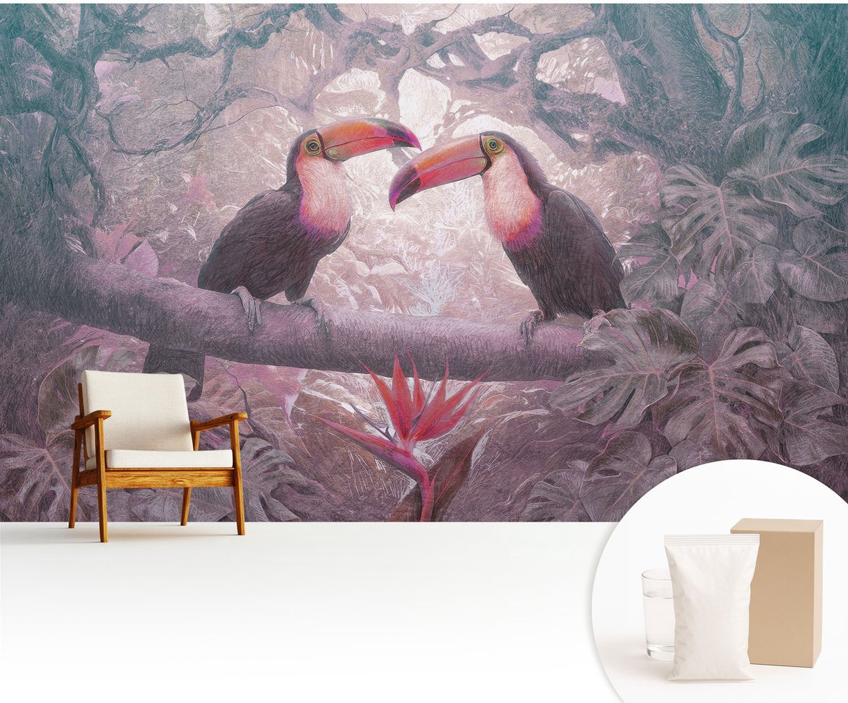 Wallfluent Fotobehang - Roze Vliesbehang - 416x254 cm - Exotisch Stel Fotobehang Vlies - Woonkamer behang Dieren - Muurschildering - Woonkamer behang