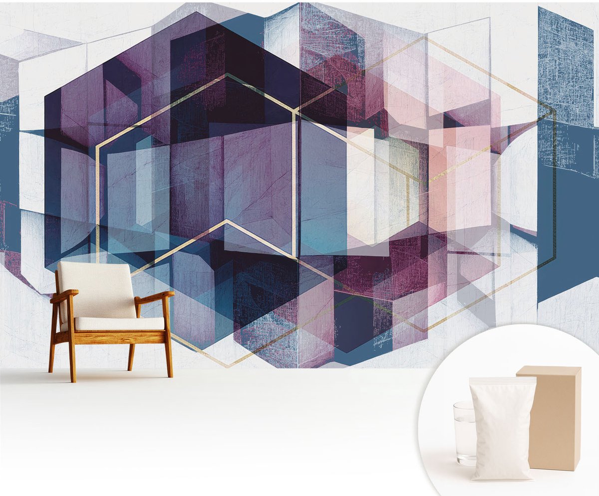 Wallfluent Fotobehang - Marine Vliesbehang - 416x254 cm - Geometrische Kubussen Fotobehang Vlies - Woonkamer behang Abstractie - Muurschildering - Woonkamer behang