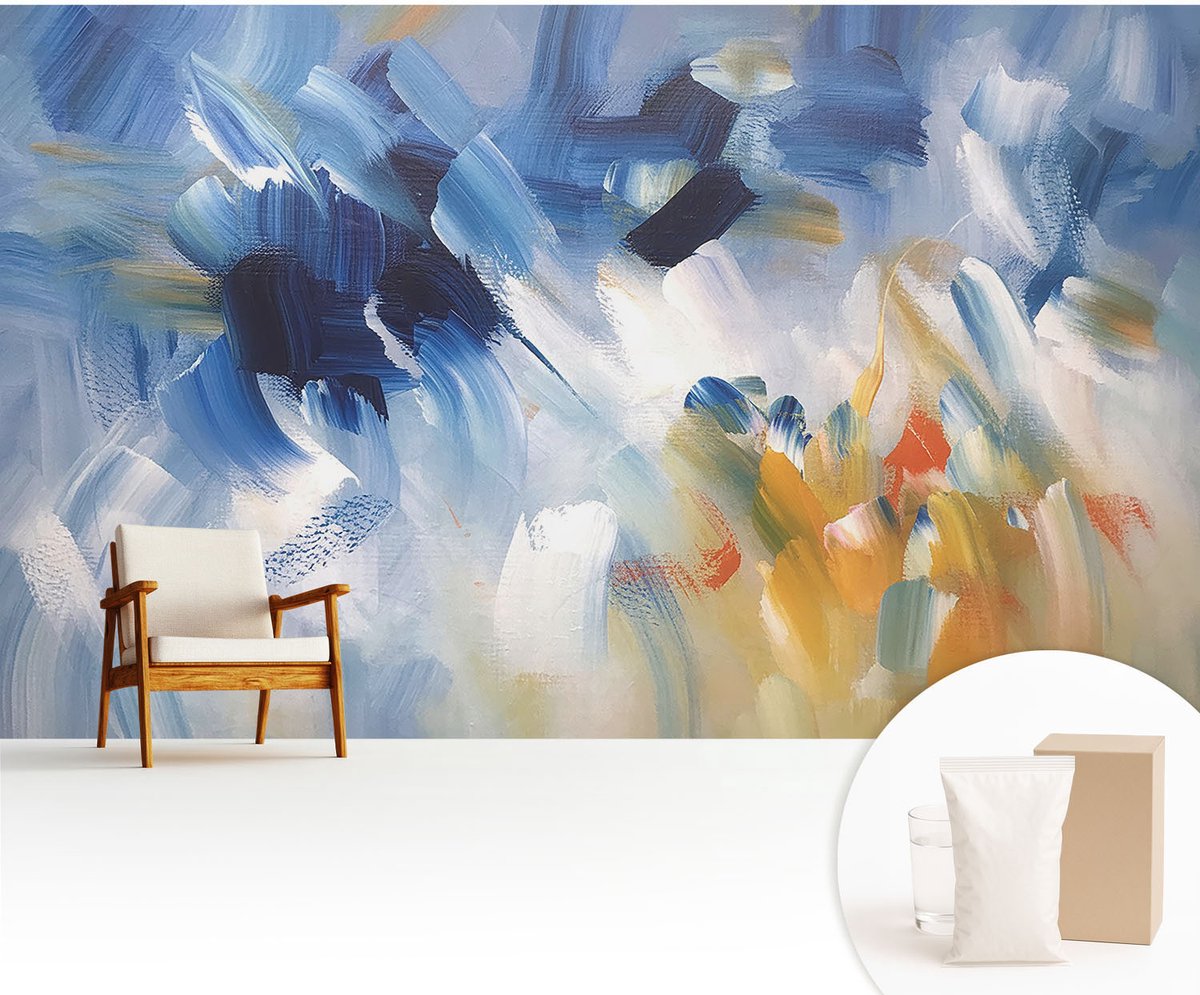 Wallfluent Fotobehang - Blauw Vliesbehang - 416x254 cm - Kleurrijke Penseelstreken Muurschildering - Gang behang Abstractie - Fotobehang Vlies - Gang behang