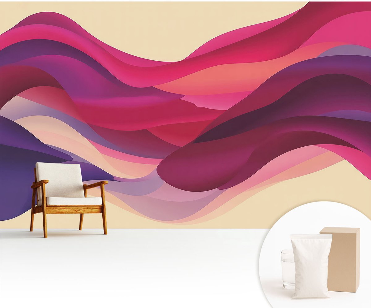 Wallfluent Fotobehang - Roze Vliesbehang - 416x254 cm - Vloeibare Golven Fotobehang Vlies - Hal behang Abstractie - Muurschildering - Woonkamer behang