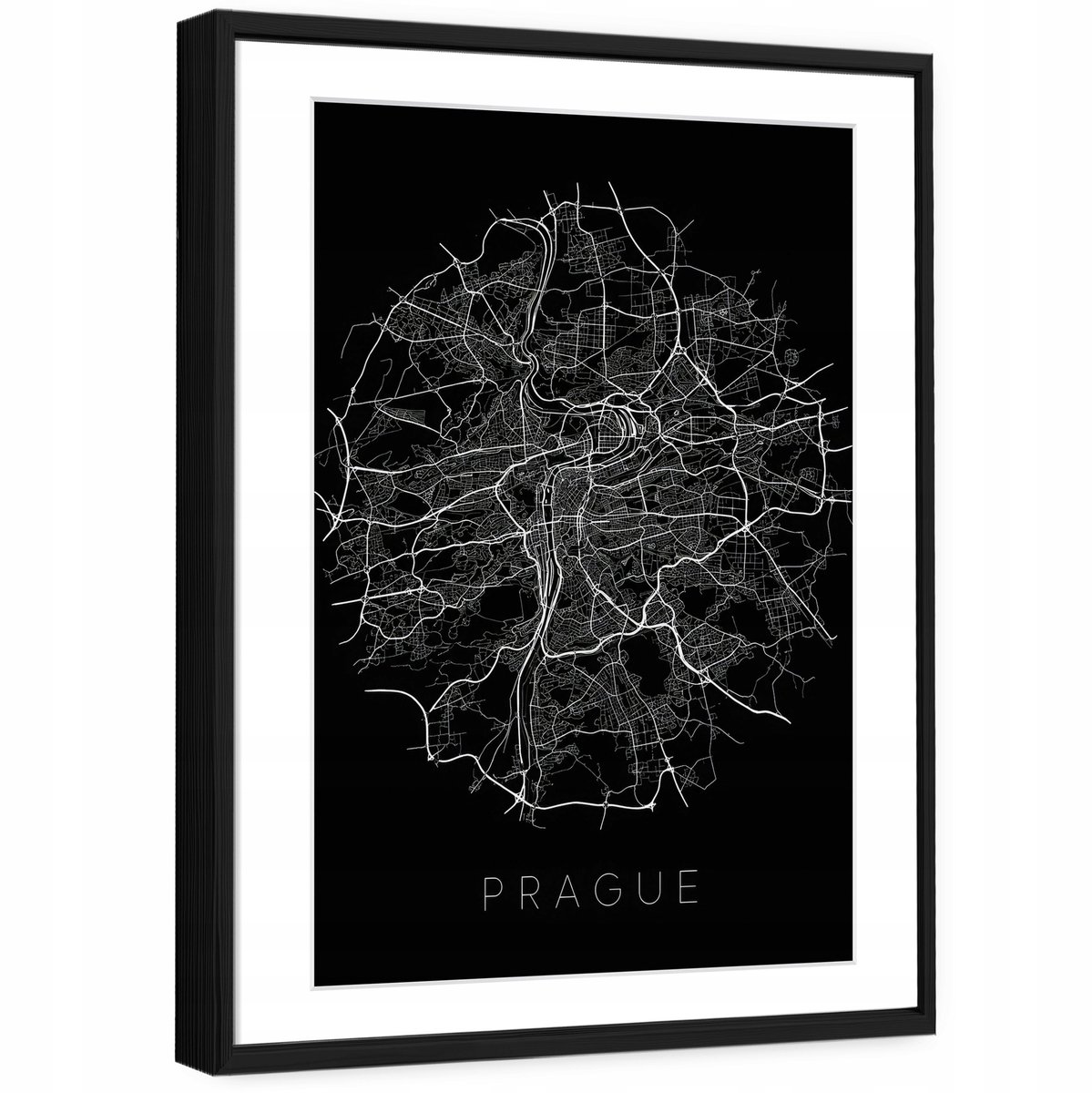 WALLARENA Schilderij met reliëf en passe-partout 100x70 cm - zwarte lijst - skyline van Praag in loftstijl - wanddecoratie voor woonkamer en slaapkamer