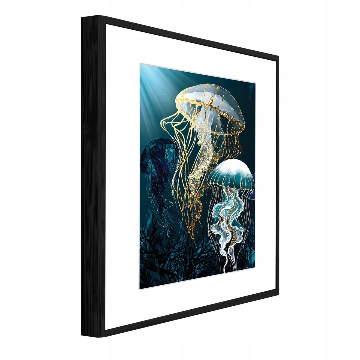 WALLARENA Schilderij met reliëf en passe-partout 60x40 cm - zwarte lijst - gouden kwal - wanddecoratie voor woonkamer en slaapkamer Blauw