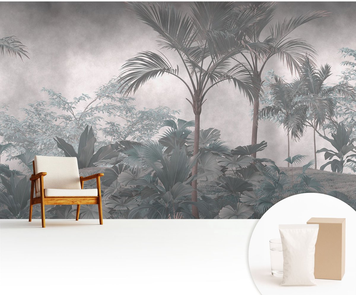Wallfluent Fotobehang - Grijs Vliesbehang - 416x254 cm - Exotische Natuur Muurschildering - Slaapkamer behang Bloemen En Planten - Fotobehang Vlies - Slaapkamer behang