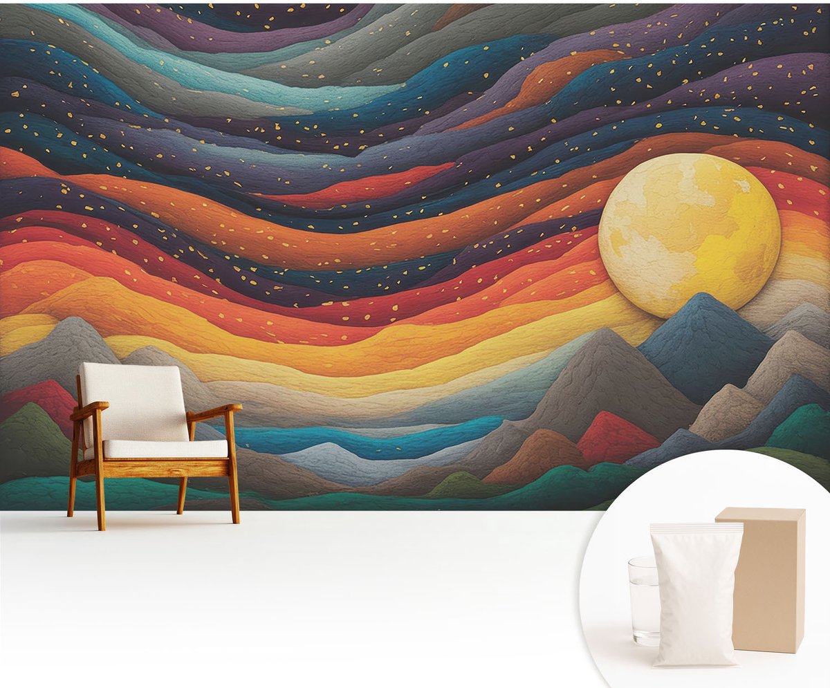 Wallfluent Fotobehang - Oranje Vliesbehang - 416x254 cm - Kleurrijke Bergen Fotobehang Vlies - Hal behang Abstractie - Muurschildering - Woonkamer behang