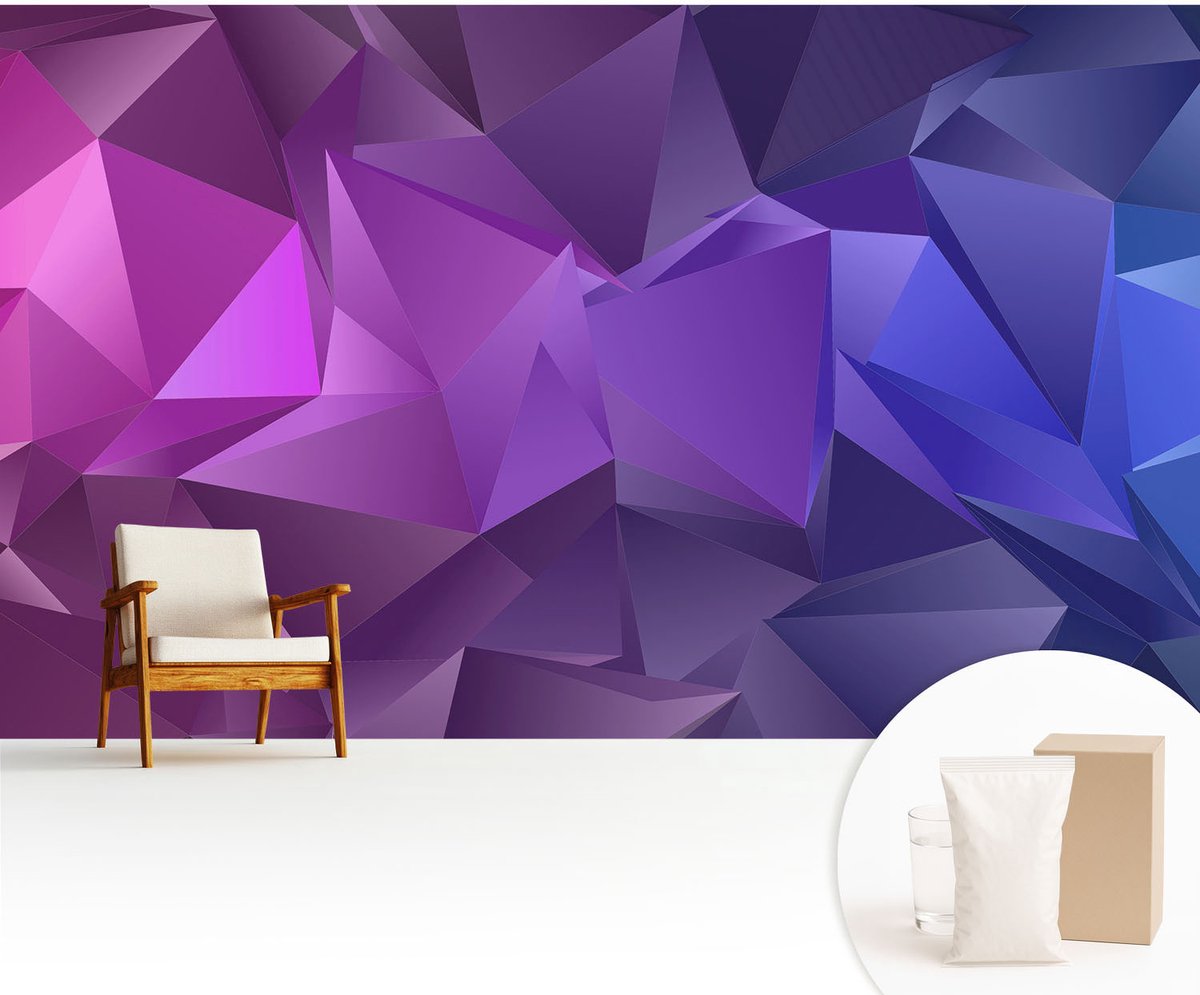 Wallfluent Fotobehang - Paars Vliesbehang - 416x254 cm - Paarse Driehoeken Muurschildering - Gang behang Abstractie - Fotobehang Vlies - Slaapkamer behang