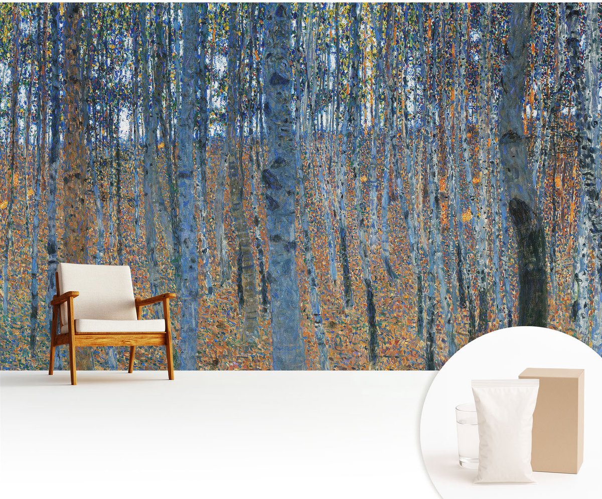 Wallfluent Fotobehang - Blauw Vliesbehang - 416x254 cm - Berkenbos Muurschildering - Slaapkamer behang Bloemen En Planten - Fotobehang Vlies - Slaapkamer behang