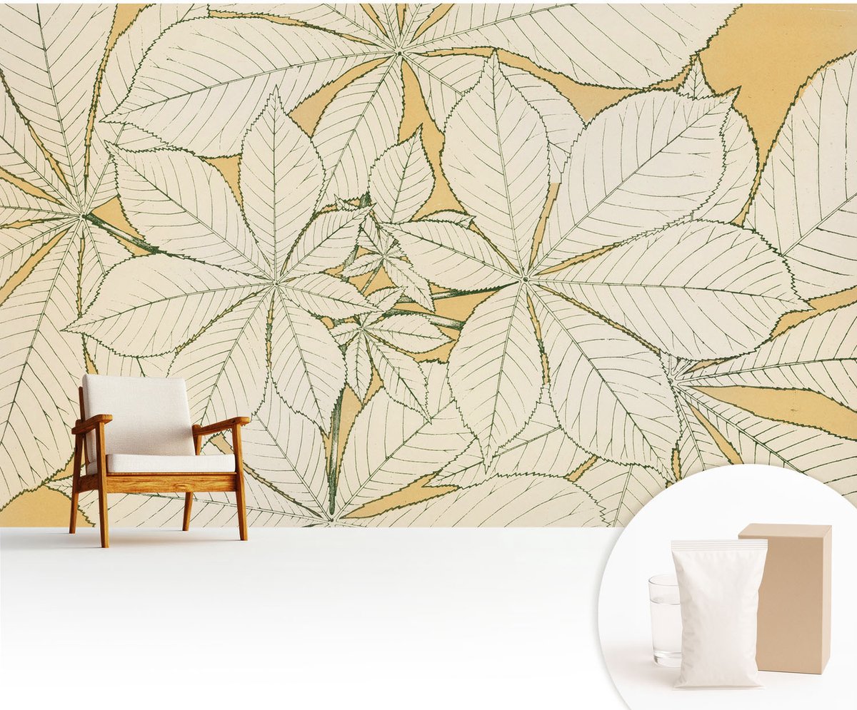 Wallfluent Fotobehang - Beige Vliesbehang - 416x254 cm - Kastanjebladeren Muurschildering - Gang behang Bloemen En Planten - Fotobehang Vlies - Slaapkamer behang