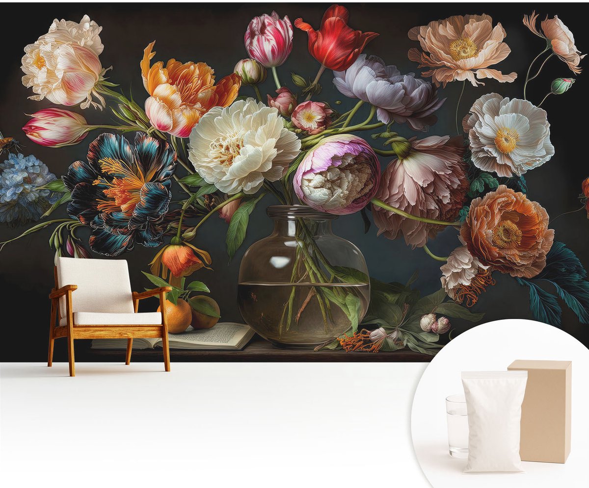 Wallfluent Fotobehang - Oranje Vliesbehang - 416x254 cm - Bloemenboeket Fotobehang Vlies - Hal behang Bloemen En Planten - Muurschildering - Hal behang