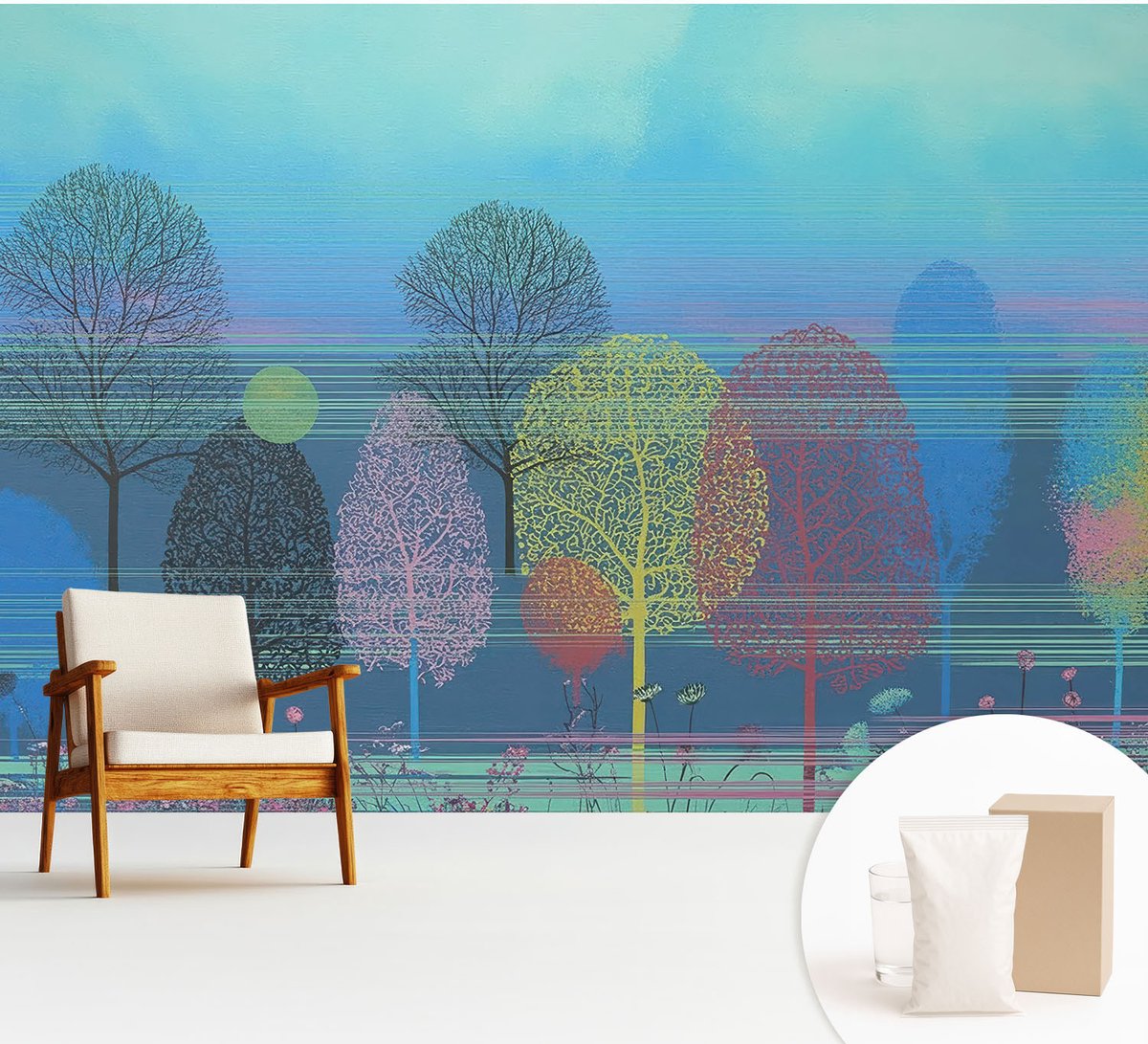 Wallfluent Fotobehang - Blauw Vliesbehang - 312x219 cm - Kleurrijke Harmonie Fotobehang Vlies - Hal behang Bloemen En Planten - Muurschildering - Woonkamer behang