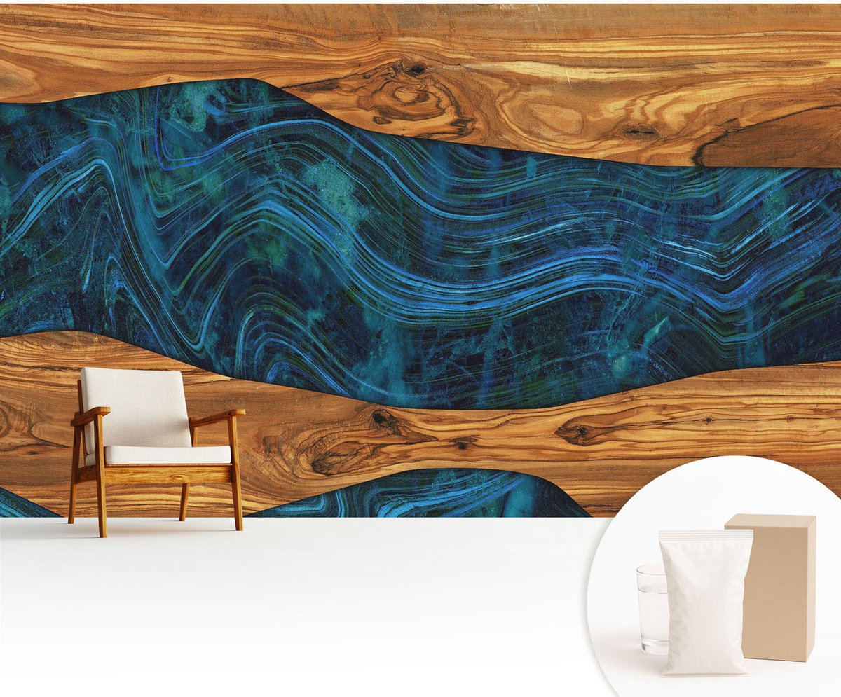 Wallfluent Fotobehang - Bruin Vliesbehang - 416x254 cm - Blauw Hout Fotobehang Vlies - Hal behang Texturen - Muurschildering - Woonkamer behang