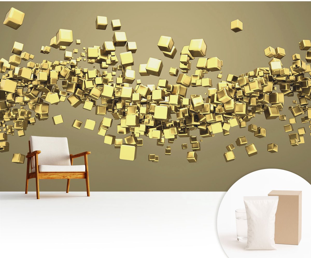 Wallfluent Fotobehang - Geel Vliesbehang - 416x254 cm - Creatieve Kubussen Fotobehang Vlies - Hal behang Abstractie - Muurschildering - Woonkamer behang