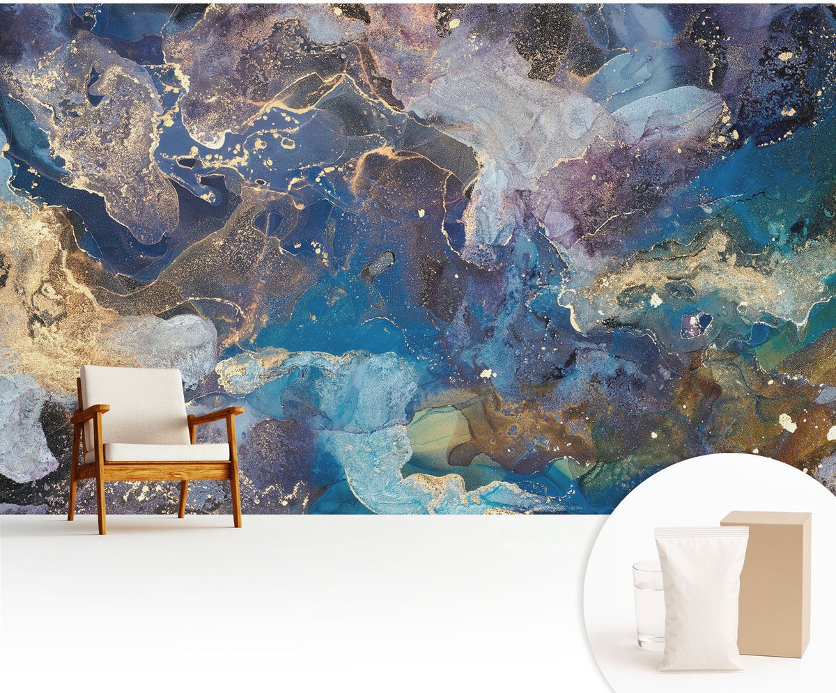 Wallfluent Fotobehang - Blauw Vliesbehang - 416x254 cm - Kosmisch Mozaïek Muurschildering - Slaapkamer behang Abstractie - Fotobehang Vlies - Slaapkamer behang