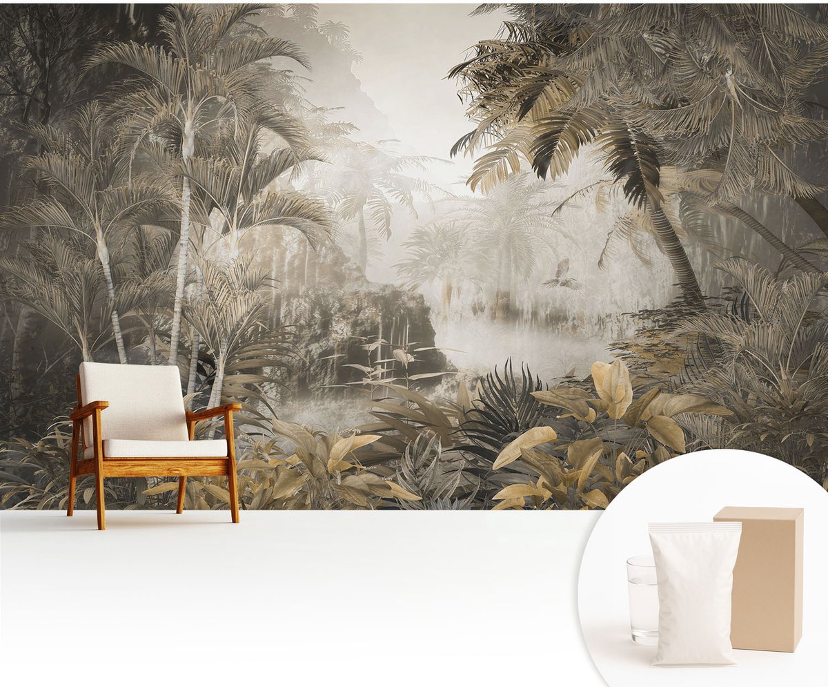 Wallfluent Fotobehang - Grijs Vliesbehang - 416x254 cm - Tropisch Bos Fotobehang Vlies - Hal behang Bloemen En Planten - Muurschildering - Woonkamer behang