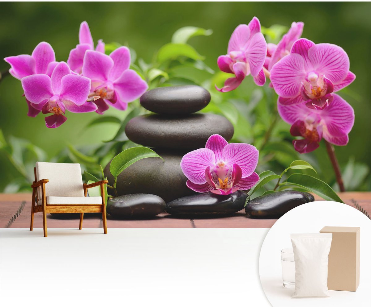 Wallfluent Fotobehang - Groente Vliesbehang - 416x254 cm - Orchideeënstenen Muurschildering - Gang behang Bloemen En Planten - Fotobehang Vlies - Gang behang