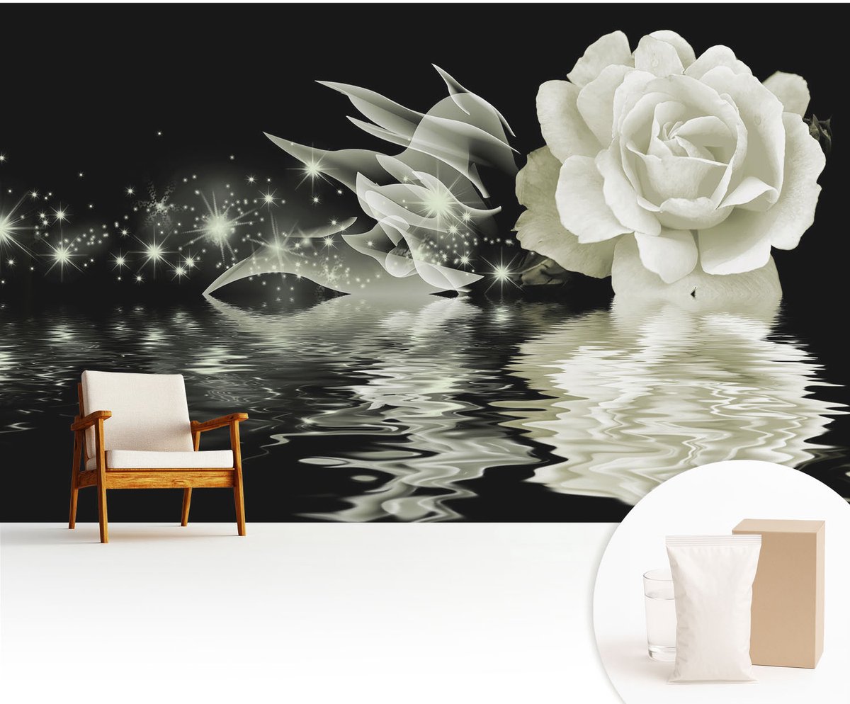 Wallfluent Fotobehang - Wit Vliesbehang - 416x254 cm - Lichtgevende Roos Muurschildering - Slaapkamer behang Bloemen En Planten - Fotobehang Vlies - Gang behang
