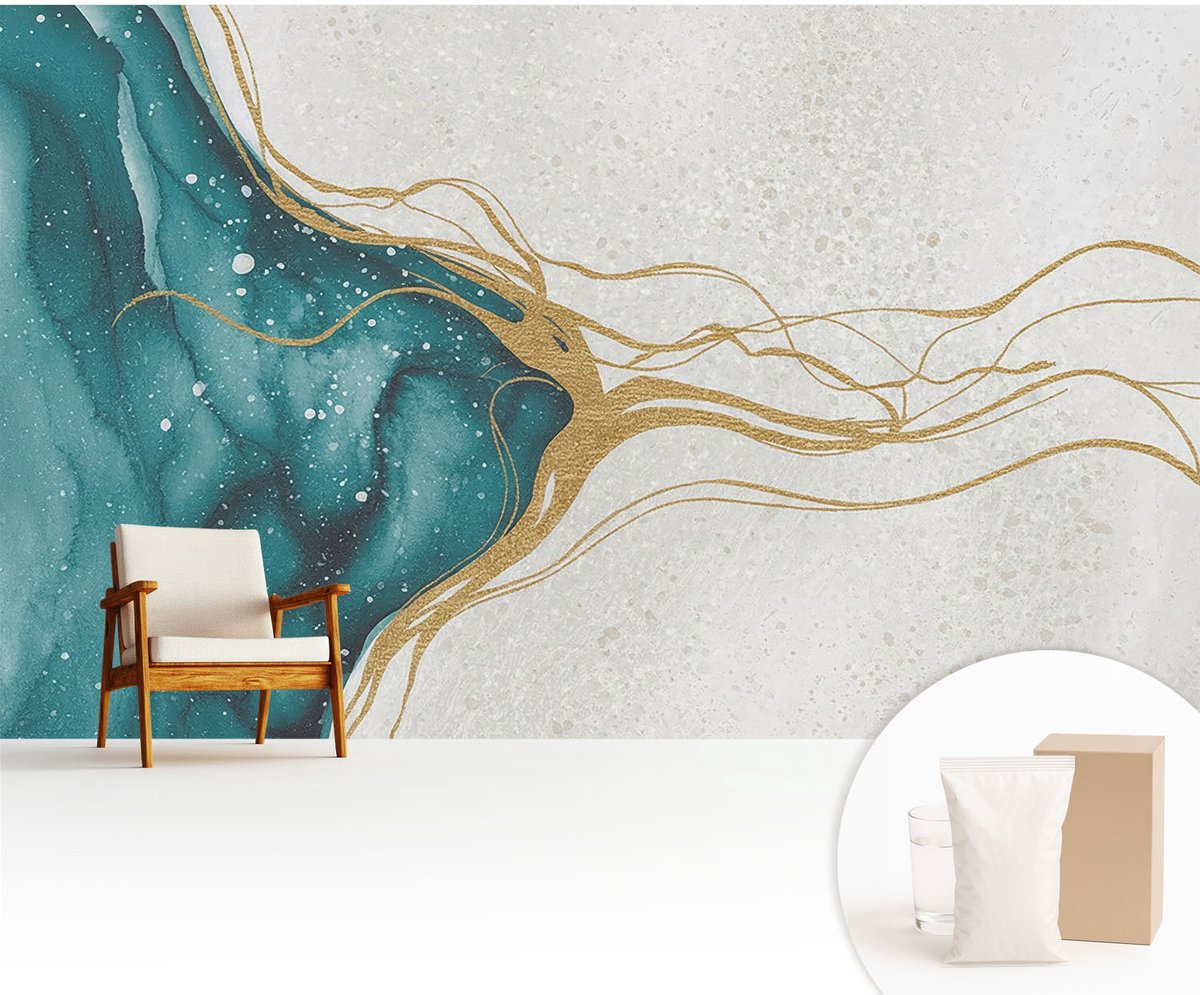 Wallfluent Fotobehang - Blauw Vliesbehang - 416x254 cm - Turkooizen Lijnen Muurschildering - Gang behang Abstractie - Fotobehang Vlies - Slaapkamer behang