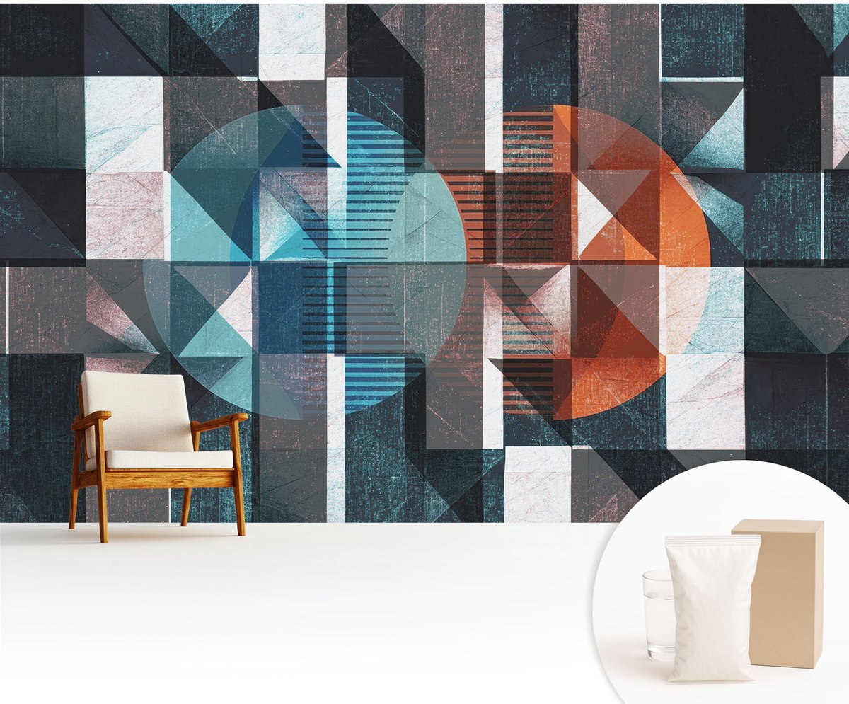 Wallfluent Fotobehang - Blauw Vliesbehang - 416x254 cm - Abstracte Vormen Fotobehang Vlies - Woonkamer behang Abstractie - Muurschildering - Hal behang
