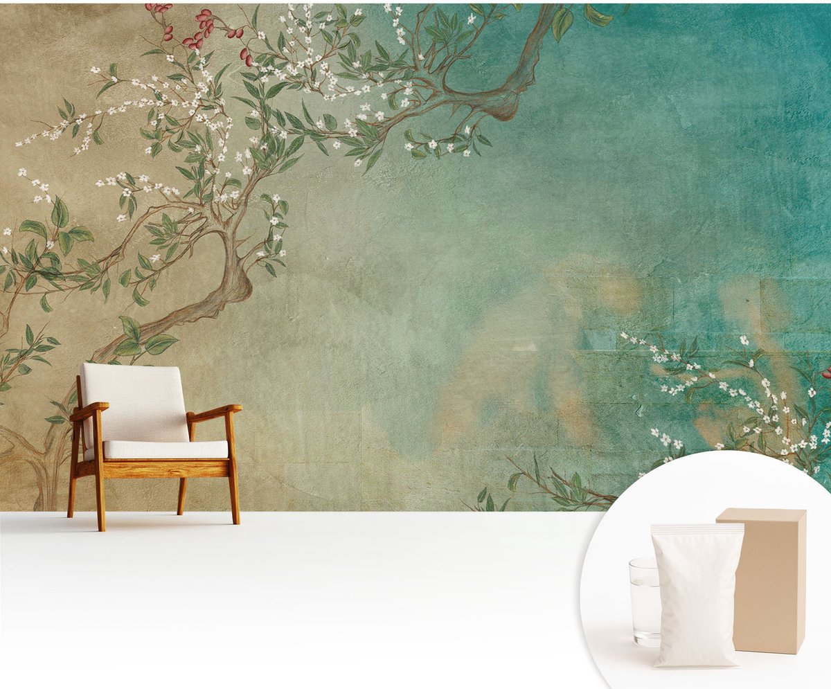 Wallfluent Fotobehang - Beige Vliesbehang - 416x254 cm - Bloemenharmonie Muurschildering - Slaapkamer behang Bloemen En Planten - Fotobehang Vlies - Slaapkamer behang