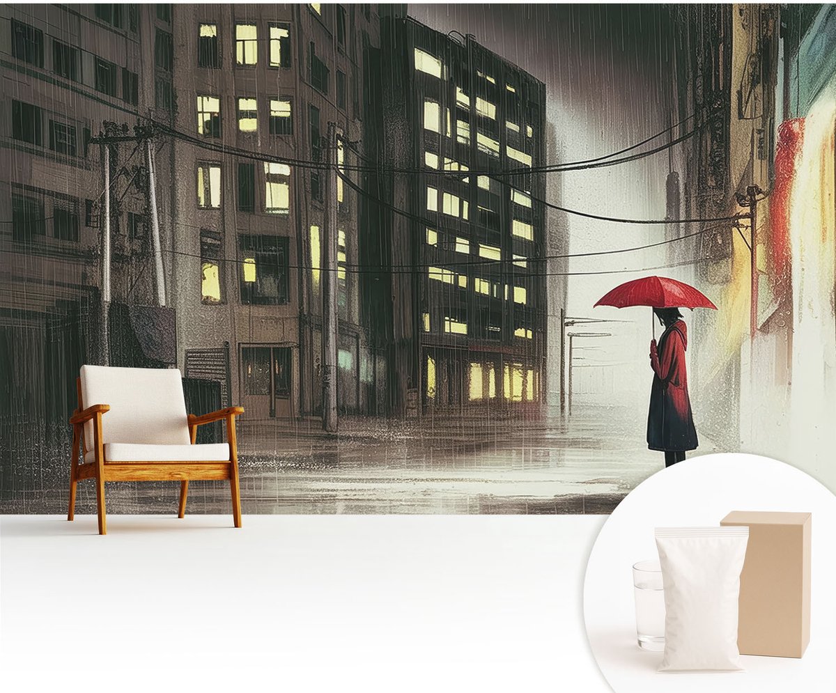 Wallfluent Fotobehang - Zwart Vliesbehang - 416x254 cm - Regenachtige Stad Fotobehang Vlies - Woonkamer behang Steden - Muurschildering - Woonkamer behang