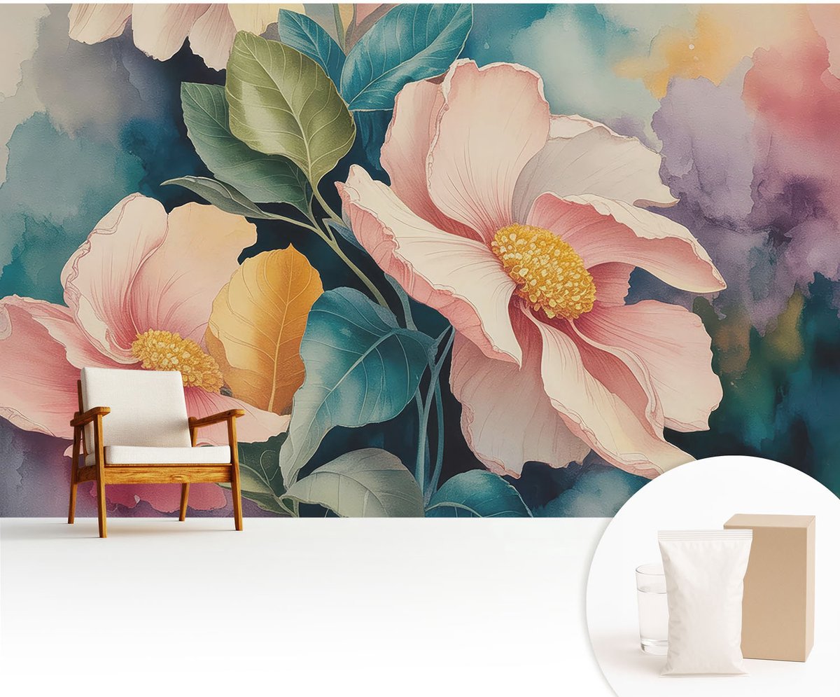 Wallfluent Fotobehang - Roze Vliesbehang - 416x254 cm - Bloemige Elegantie Muurschildering - Slaapkamer behang Bloemen En Planten - Fotobehang Vlies - Gang behang