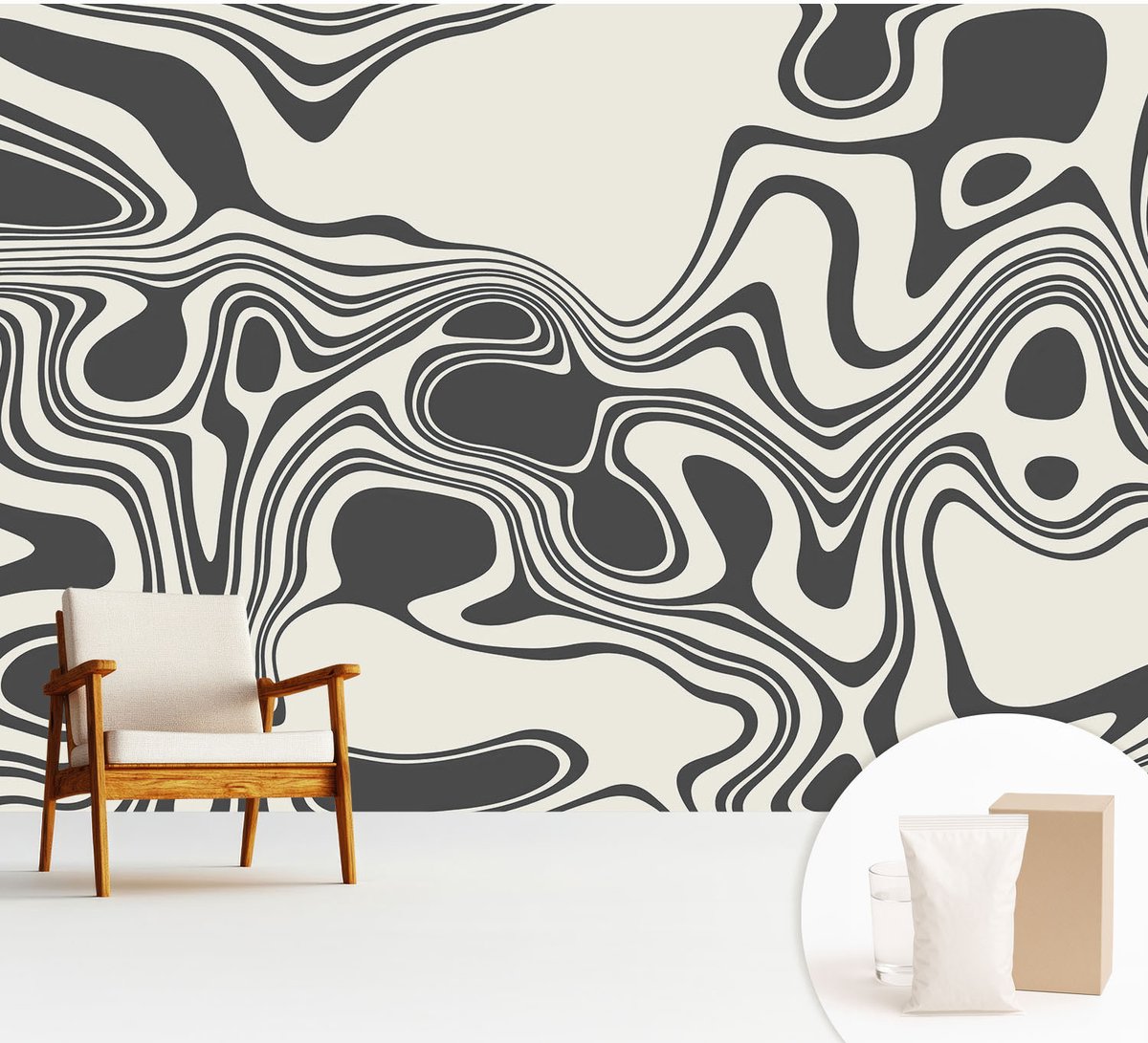 Wallfluent Fotobehang - Zwart-Wit Vliesbehang - 312x219 cm - Dynamische Lijnen Fotobehang Vlies - Hal behang Abstractie - Muurschildering - Hal behang