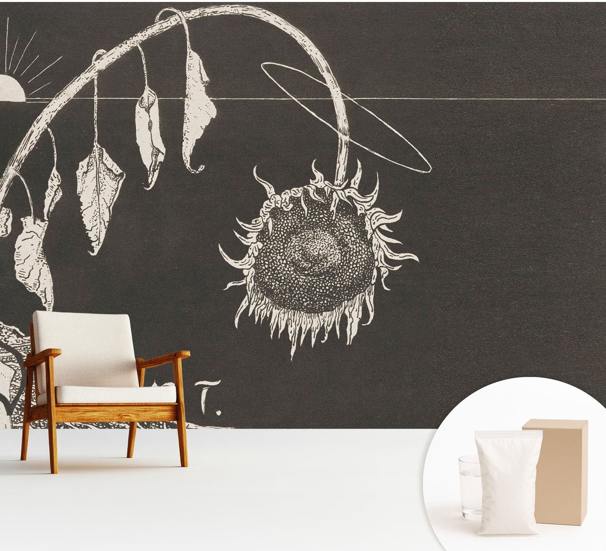 Wallfluent Fotobehang - Zwart Vliesbehang - 312x219 cm - Nostalgische Zonnebloem Muurschildering - Slaapkamer behang Deel - Fotobehang Vlies - Slaapkamer behang