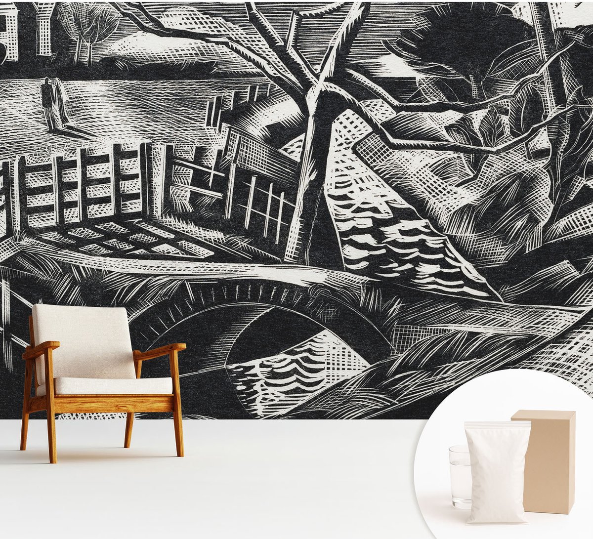 Wallfluent Fotobehang - Zwart-Wit Vliesbehang - 312x219 cm - Architectonisch Landschap Muurschildering - Slaapkamer behang Landschappen - Fotobehang Vlies - Slaapkamer behang