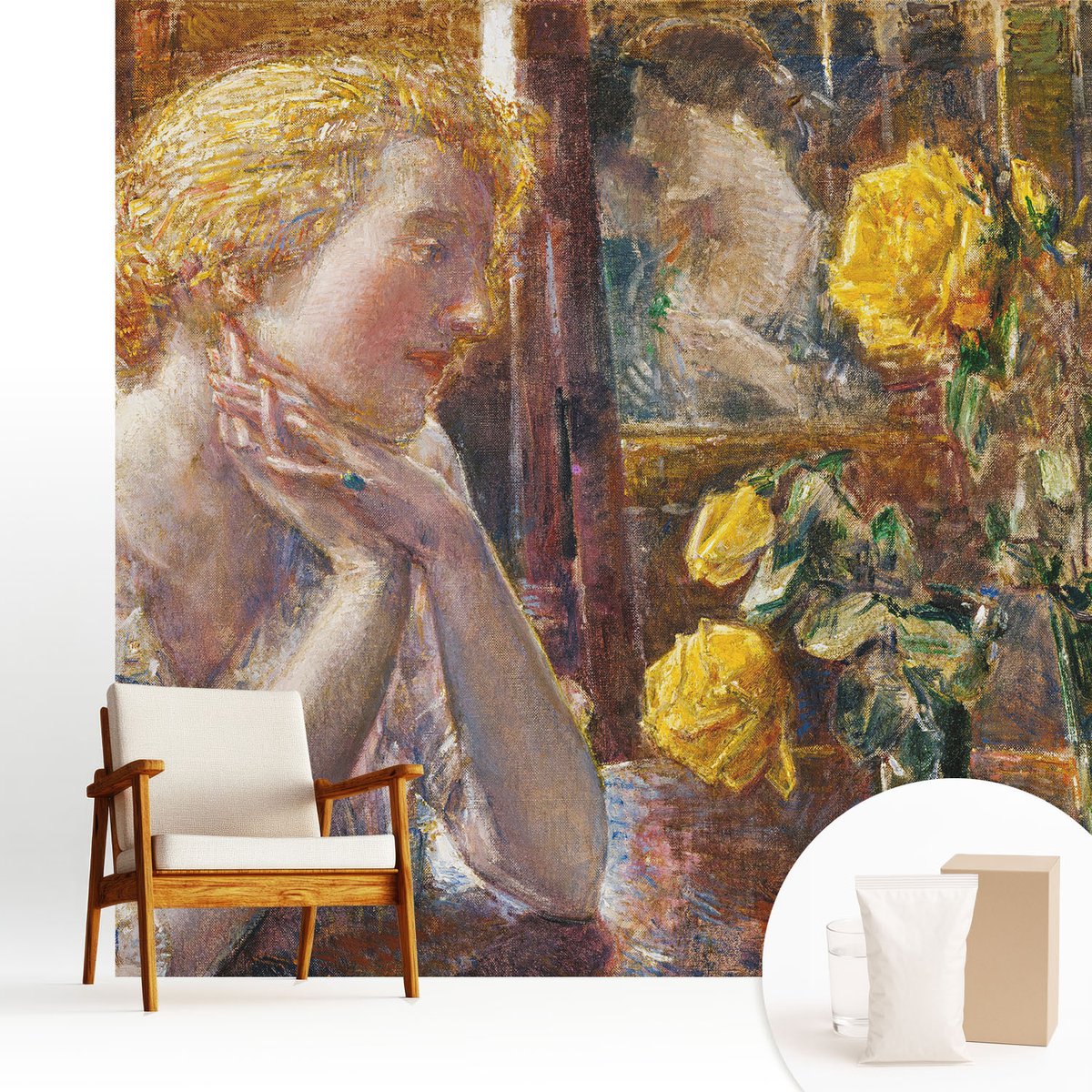 Wallfluent Fotobehang - Geel Vliesbehang - 250x250 cm - Vrouw Met Rozen Fotobehang Vlies - Woonkamer behang Deel - Muurschildering - Woonkamer behang