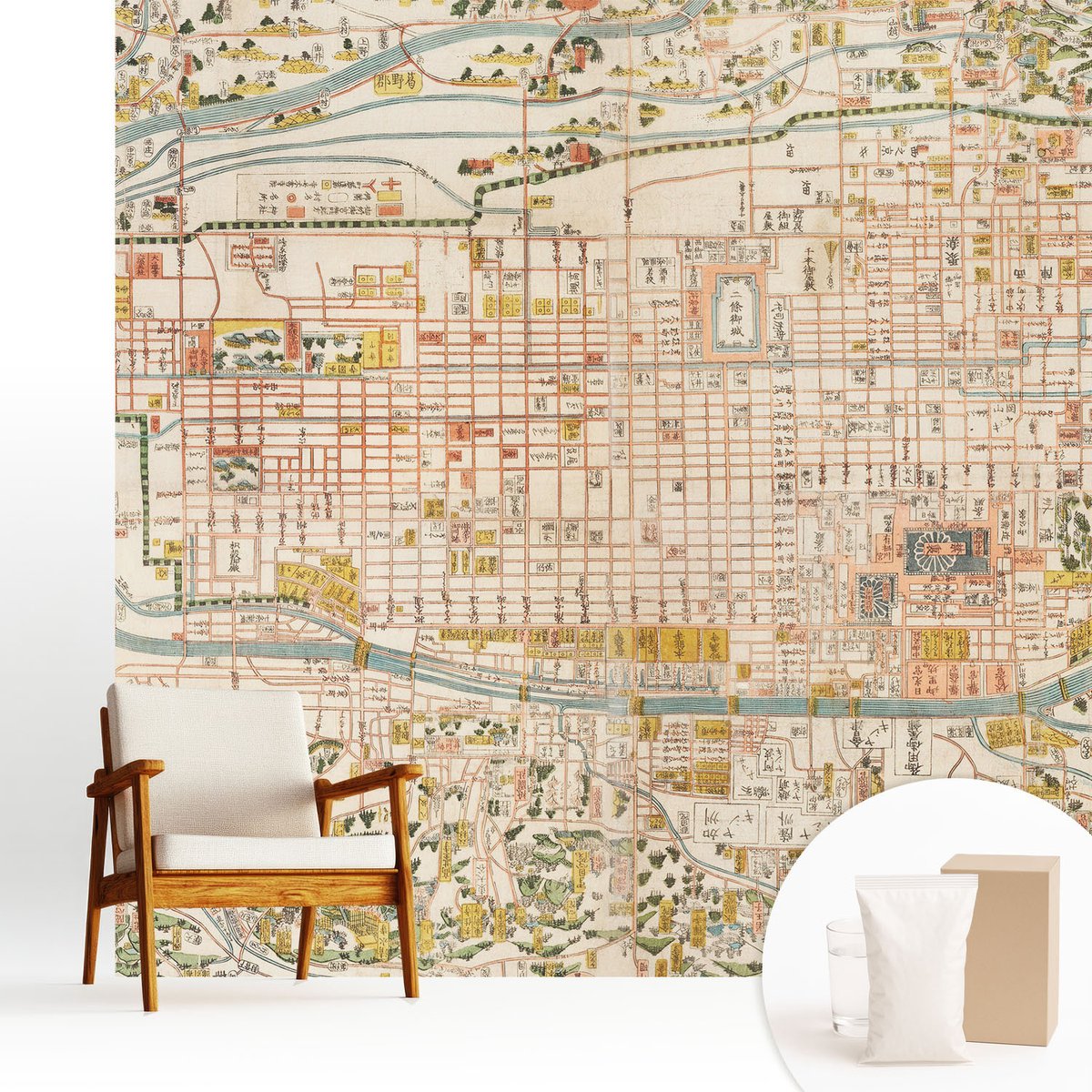 Wallfluent Fotobehang - Beige Vliesbehang - 250x250 cm - Antieke Kaart Fotobehang Vlies - Hal behang Kaarten - Muurschildering - Woonkamer behang