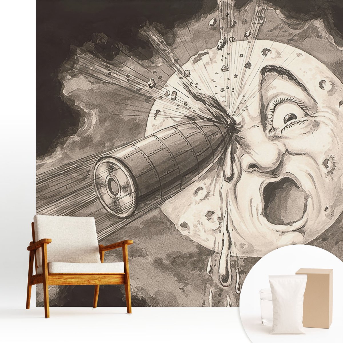 Wallfluent Fotobehang - Zwart-Wit Vliesbehang - 250x250 cm - Kosmische Botsing Fotobehang Vlies - Woonkamer behang Kosmos - Muurschildering - Woonkamer behang