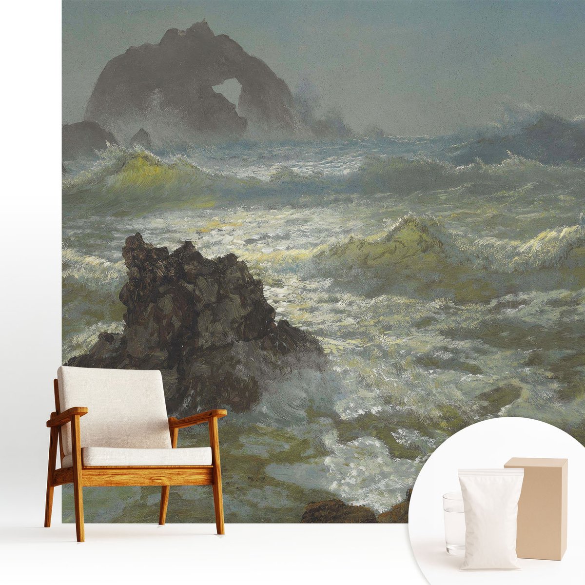 Wallfluent Fotobehang - Grijs Vliesbehang - 250x250 cm - Stormachtige Zee Fotobehang Vlies - Hal behang Landschappen - Muurschildering - Woonkamer behang