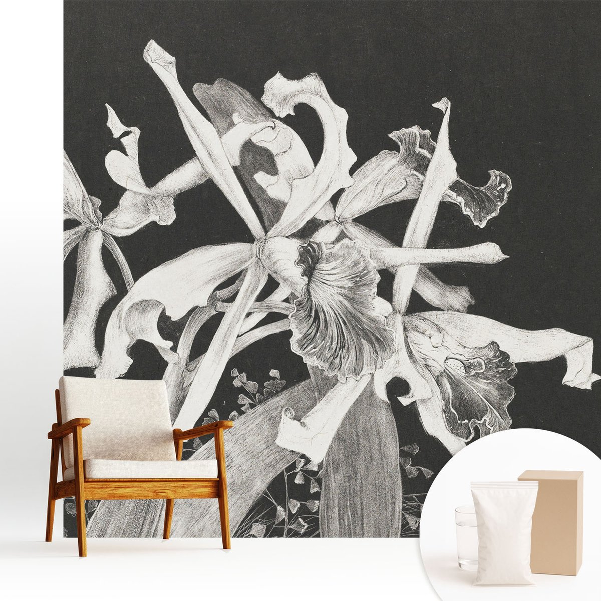 Wallfluent Fotobehang - Zwart Vliesbehang - 250x250 cm - Orchidee Illustratie Muurschildering - Gang behang Bloemen En Planten - Fotobehang Vlies - Slaapkamer behang