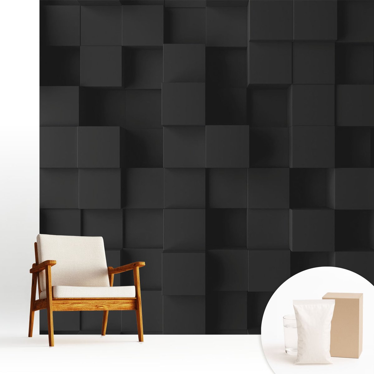 Wallfluent Fotobehang - Zwart Vliesbehang - 250x250 cm - Driedimensionale Kubussen Fotobehang Vlies - Hal behang Achtergronden En Patronen - Muurschildering - Woonkamer behang