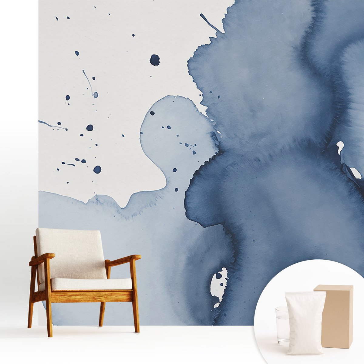Wallfluent Fotobehang - Wit Vliesbehang - 250x250 cm - Marineblauwe Spetters Muurschildering - Gang behang Abstractie - Fotobehang Vlies - Slaapkamer behang