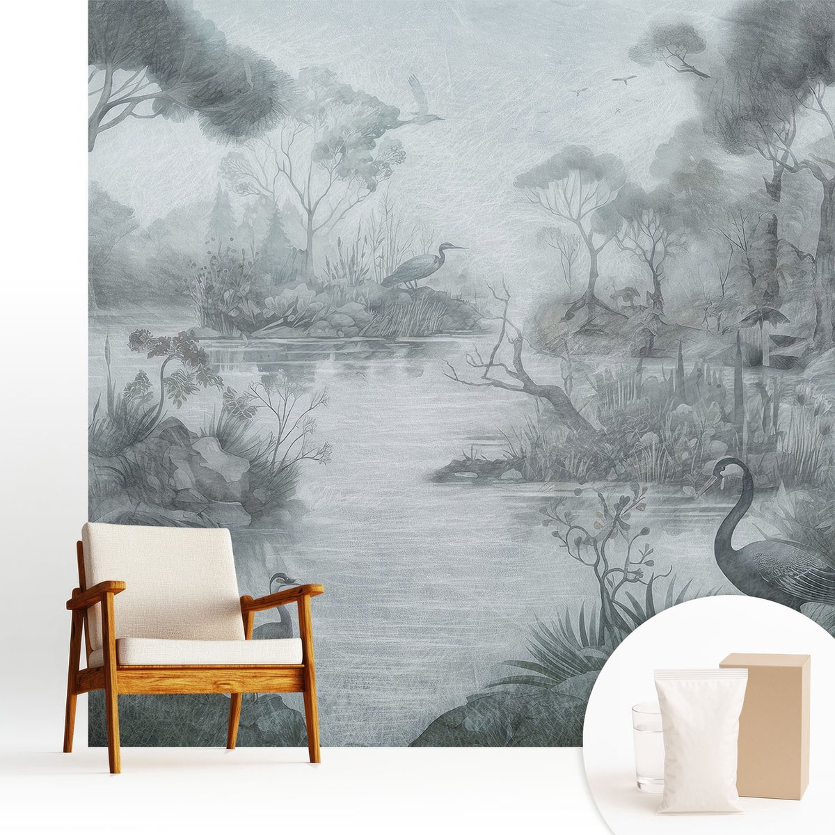 Wallfluent Fotobehang - Grijs Vliesbehang - 250x250 cm - Natuurlandschap Muurschildering - Slaapkamer behang Landschappen - Fotobehang Vlies - Slaapkamer behang