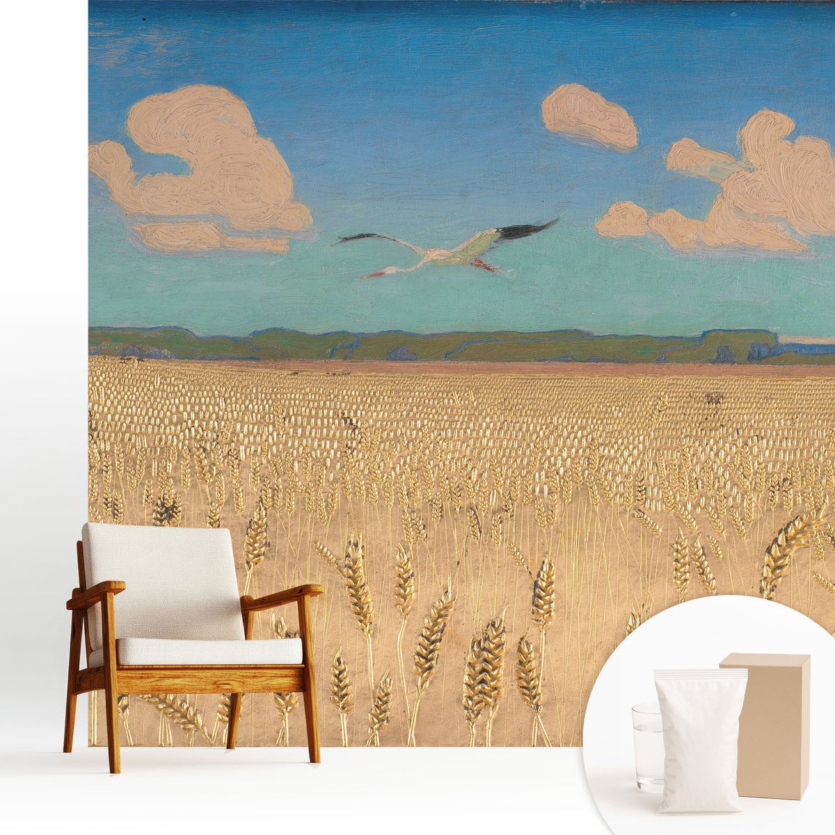 Wallfluent Fotobehang - Wit Vliesbehang - 250x250 cm - Tarweveld Fotobehang Vlies - Woonkamer behang Landschappen - Muurschildering - Woonkamer behang