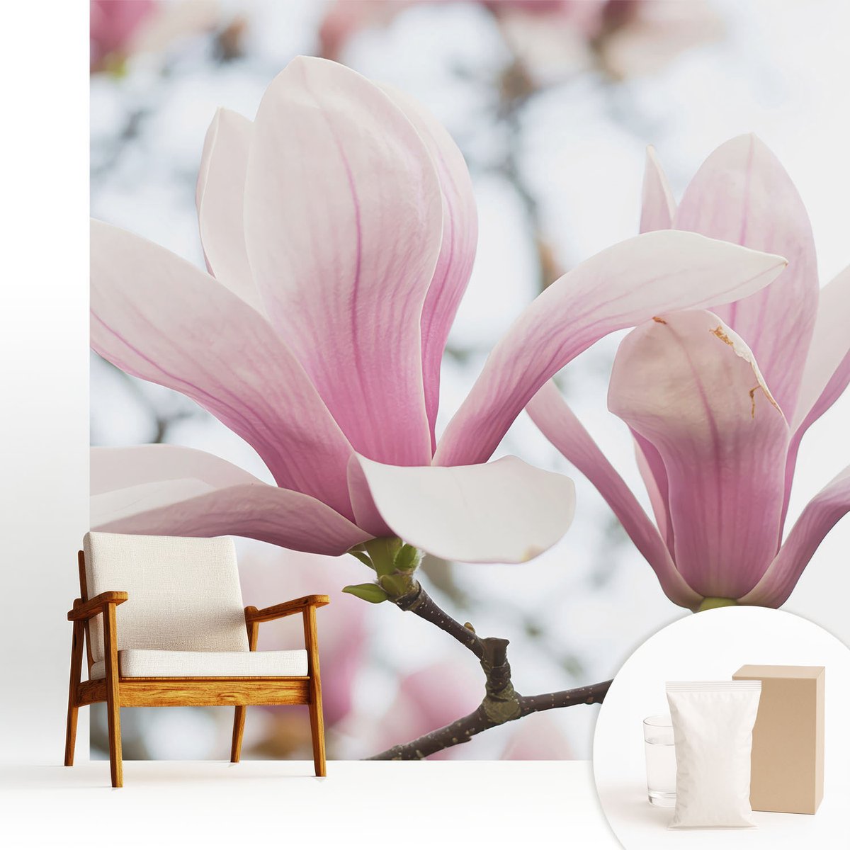 Wallfluent Fotobehang - Roze Vliesbehang - 250x250 cm - Magnolia Bloemen Fotobehang Vlies - Woonkamer behang Bloemen En Planten - Muurschildering - Hal behang