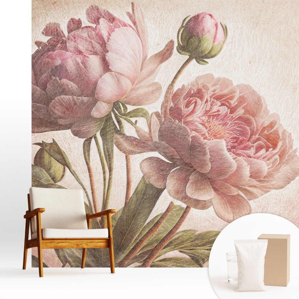 Wallfluent Fotobehang - Roze Vliesbehang - 250x250 cm - Delicate Pioenrozen Fotobehang Vlies - Hal behang Bloemen En Planten - Muurschildering - Woonkamer behang